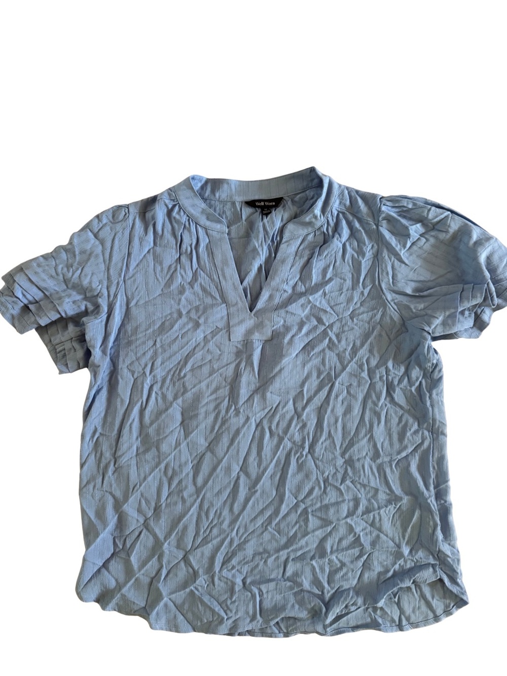 Well Worn Light Blue Short Sleeve Split-V Blouse